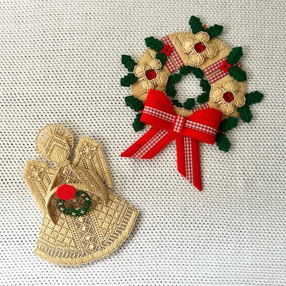 Handmade Vintage Crochet Straw Angel Tree Topper Sitter Hanging Wreath Set - Picture 1 of 15